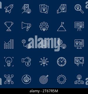 Start-up outline vector icons. Startup business linear signs or logo elements on dark background Stock Vector