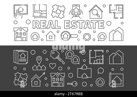Real Estate vector set of 2 horizontal banners in thin line style Stock Vector