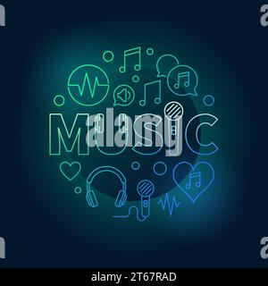 Word Music with outline icons in circle shape. Vector colored and bright illustration on dark background Stock Vector