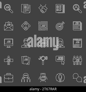 Employment line icons - vector collection of outline recruitment and job search symbols on dark background Stock Vector