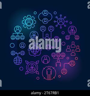 Outsourcing round vector modern bright illustration in thin line style on dark background Stock Vector