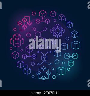 Blockchain or cryptocurrency vector colorful illustration in circular shape. Block chain round concept symbol on dark background Stock Vector