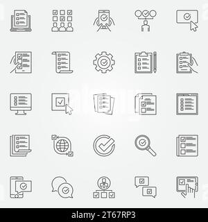 Survey icons set. Vector checklist, to do list and online survey concept symbols in thin line style Stock Vector