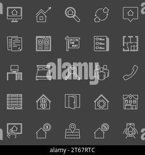 Houses for rent outline icons. Vector collection of houses for rent signs on dark background Stock Vector