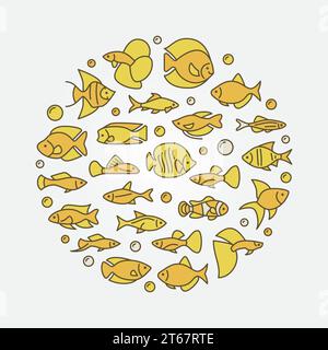 Aquarium fish yellow illustration - vector round symbol made with icons of freshwater and saltwater fish Stock Vector