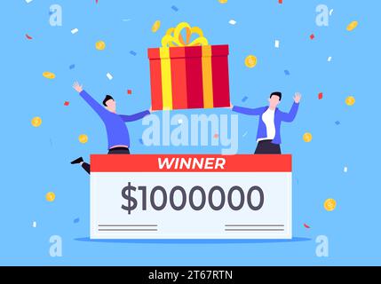 Happy lottery winners with big prize paycheck. Fortune lottery or casino gambling lucky games concept flat style design vector illustration. People ju Stock Vector