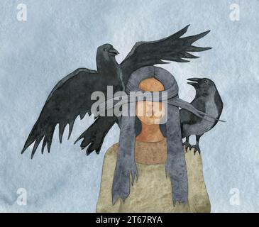 girl with raven on her shoulder, watercolor illustration Stock Photo