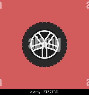 Car wheel vector flat symbol or icon on red background Stock Vector