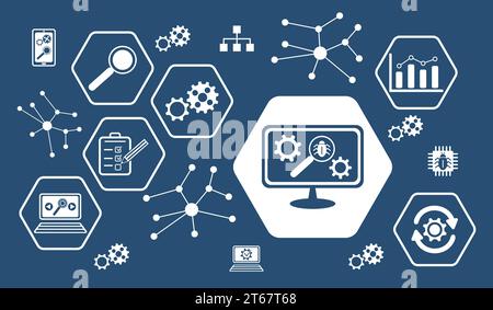 Concept of software testing with icons in hexagons Stock Photo