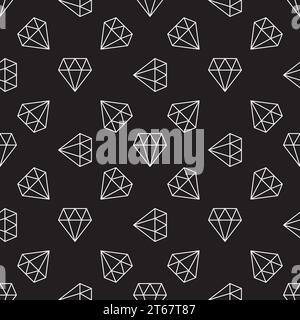 Dark seamless pattern with white diamonds. Vector background made with diamond icons in thin line style Stock Vector