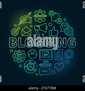 Blogging concept round illustration - vector modern symbol made with different blog icons and word BLOGGING in center on dark background Stock Vector