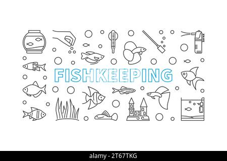 Fishkeeping vector concept horizontal illustration or banner made of aquarium equipment and fish linear icons Stock Vector