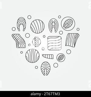 Salmon or trout in heart shape - vector concept symbol made with fillet, steak and other red fish icons in thin line style Stock Vector