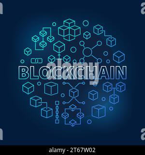 Blockchain technology blue modern round illustration made with block chain outline concept icons and word BLOCKCHAIN on dark background Stock Vector