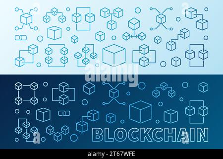 2 blockchain creative colored banners or backgrounds in thin line style. Block chain vector modern illustration Stock Vector