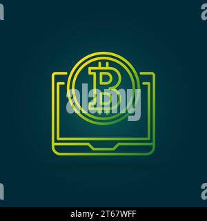 Bitcoin coin with laptop green vector line icon or design element on dark background Stock Vector