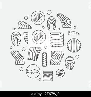 Salmon or trout round illustration. Vector fillet, steak and fish icons in thin line style. Seafood products concept sign Stock Vector