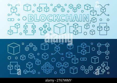 Blockchain technology colorful modern horizontal banners. Two crypto currency and block chain vector creative outline banners Stock Vector
