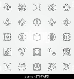 Blockchain technology icons set. Vector collection of 25 block chain cryptocurrency concept signs or design elements in thin line style Stock Vector