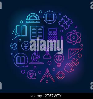 Education vector colorful round minimal concept illustration in linear style on dark background Stock Vector