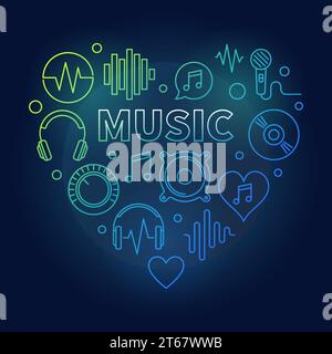 Music vector heart shape colored illustration in thin line style on dark background Stock Vector