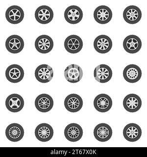 Wheel icons set. Vector flat car wheels disks signs or logo elements Stock Vector