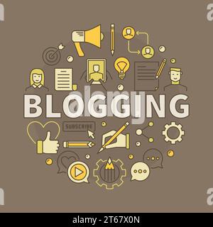 Blogging colorful vector illustration - round symbol made with word BLOGGING and creative blog icons on dark brown background Stock Vector