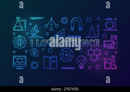 I love science vector colored horizontal illustration in outline style. Education and science banner made of linear icons on dark background Stock Vector