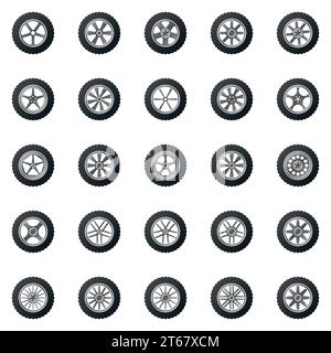 Wheel icons colored set - vector car wheels disks signs or logo elements Stock Vector