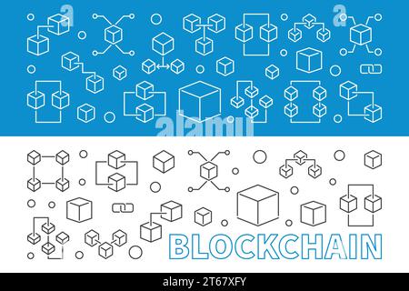 2 blockchain concept banners or backgrounds in thin line style. Block chain vector creative illustration Stock Vector