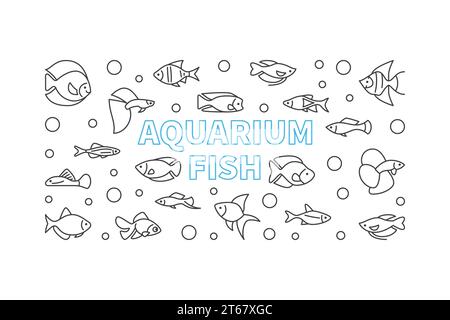 Aquarium fish vector horizontal banner in thin line style. Exotic tropical aquarium fish concept illustration Stock Vector