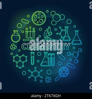 Chemistry vector round colored concept education and science illustration in thin line style on dark background Stock Vector