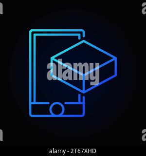 Smartphone with cube blue linear icon. Vector AR outline symbol or logo element on dark background Stock Vector