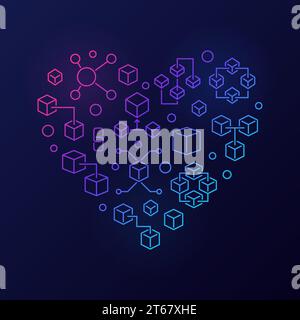 Blockchain concept colored bright heart. Modern outline abstract block chain and cube icons in heart shape. Vector illustration on dark background Stock Vector
