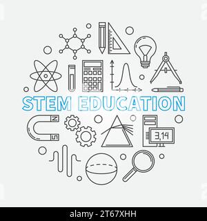 STEM Education vector round illustration in thin line style. Science, technology, engineering and mathematics concept symbol Stock Vector