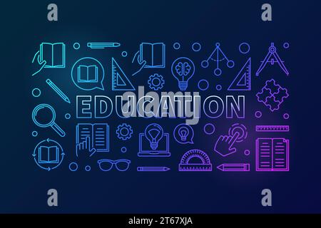 Education vector colorful horizontal banner or illustration in thin line style on dark background Stock Vector