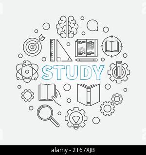 Study vector round concept education illustration in thin line style Stock Vector