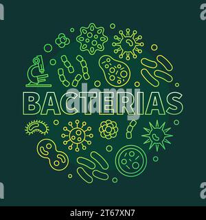 Bacterias vector round green illustration made with bacteria and viruses line icons on dark background Stock Vector