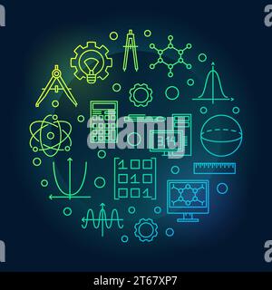 STEM vector colored round minimal illustration in thin line style. Science, technology, engineering and mathematics symbol on dark background Stock Vector