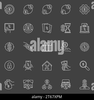 Loan and leasing icons - vector set of financial outline minimal signs on dark background Stock Vector