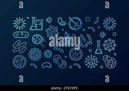 Bacteria blue vector illustration or horizontal banner made with bacterias and microbes concept icons on dark background Stock Vector