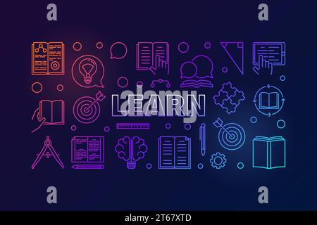 Learn vector concept colored education horizontal illustration or banner in thin line style on dark background Stock Vector