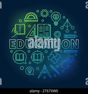 Education vector round colorful concept illustration in thin line style on dark background Stock Vector