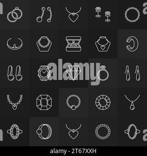 Jewelry thin line icons set. Vector wedding ring, necklace, diamonds, earrings, ring in box, piercings concept linear signs on dark background Stock Vector