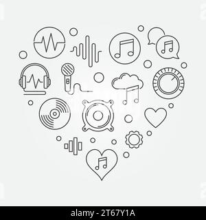 Music icons in heart shape. Vector i love music concept outline minimal illustration Stock Vector