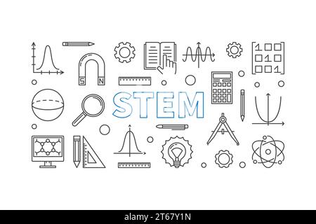 STEM modern horizontal banner in outline style. Vector science, technology, engineering, math linear illustration Stock Vector