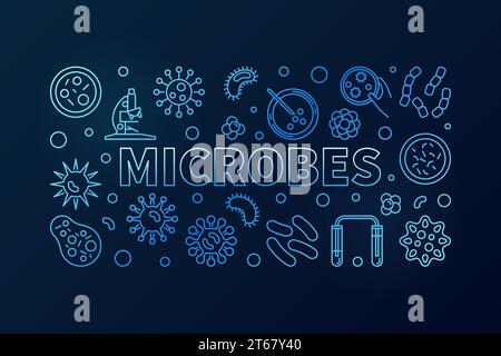 Microbes blue horizontal illustration. Vector concept banner made with virus and microbe linear icons on dark background Stock Vector