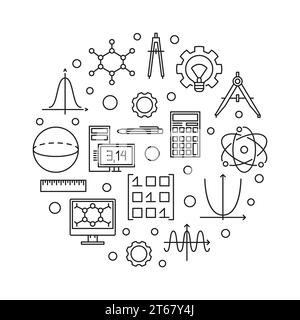 STEM vector round minimal illustration in thin line style. Science, technology, engineering and mathematics symbol Stock Vector
