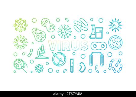 Virus colored horizontal linear illustration. Vector concept banner made with viruses and bacterias outline icons on white background Stock Vector