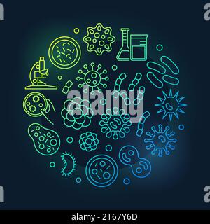 Virus and bacteria round green symbol made with microbes and viruses icons in thin line style. Vector illustration on dark background Stock Vector